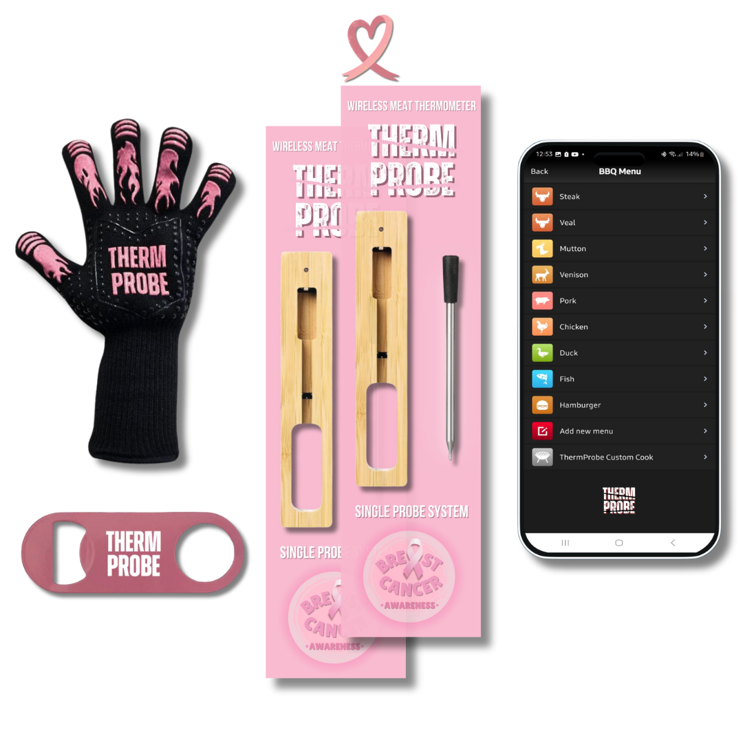 THERMPROBE Limited Edition Pink Wireless Bluetooth Thermometer 1 Probe Kit Twin Pack & Free Pink BBQ Gloves